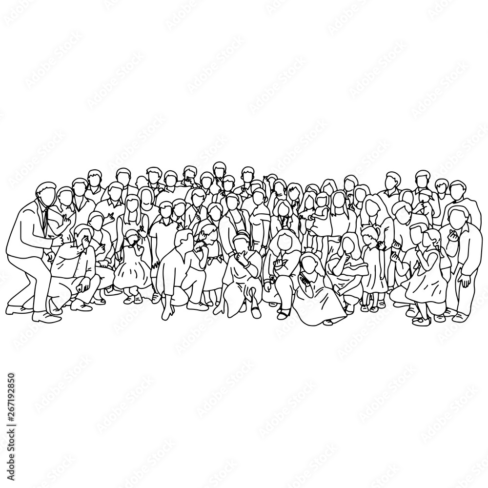 big family taking photo together vector illustration sketch doodle hand drawn with black lines isolated on white background. Teamwork or family concept.