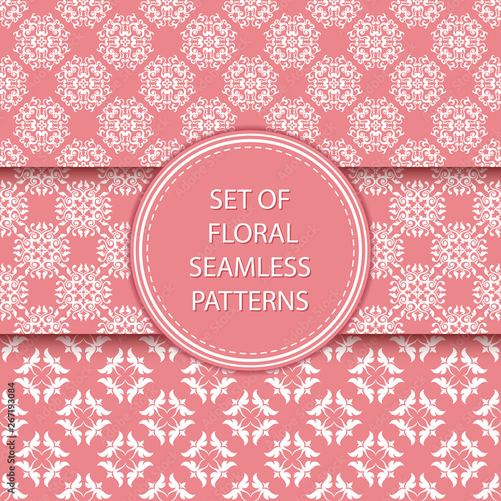 Floral seamless patterns compilation. White designs on pink backgrounds Floral seamless patterns compilation. White designs on pink backgrounds