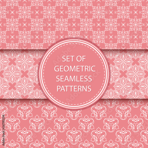 Compilation of seamless patterns. Oriental ethnic white prints on pink background