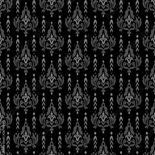 Background decoration, seamless pattern. Dark background texture. Ethnic textile graphic. Vintage template for wallpaper design. Vector illustration