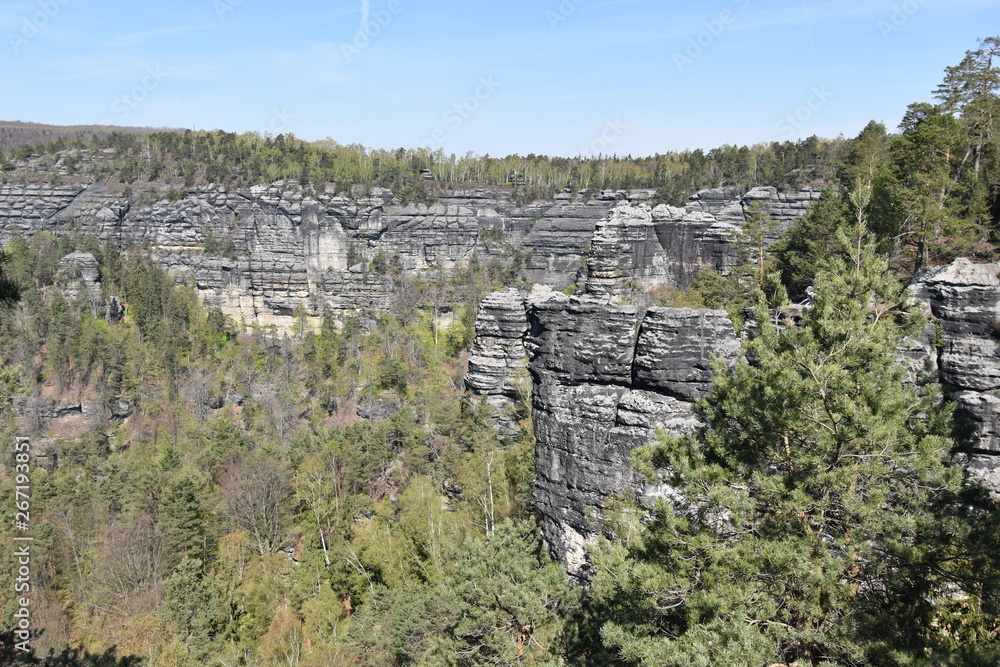 Panorama of Elbe Sandstone Mountains in beautiful Saxon Switzerland near Bohemian Switzerland in Germany