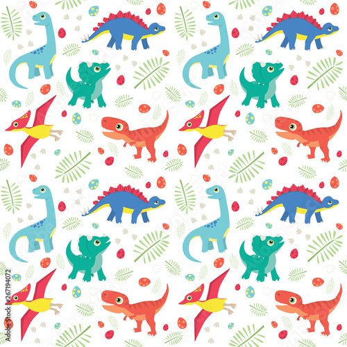Cute Colorful Baby Dinosaurs on White Background Seamless Pattern Flat Vector Illustration
