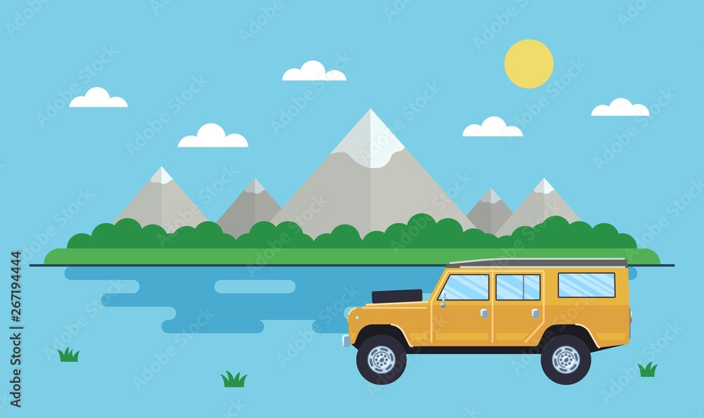 Outdoor car travel concept. Offroad suv landscape. Summer auto adventure trip backgrounds. Flat style. Vector illustration.