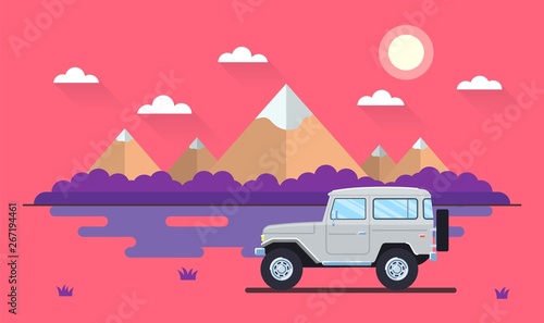 Outdoor car travel concept. Offroad suv landscape. Summer auto adventure trip backgrounds. Flat style. Vector illustration.