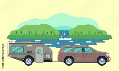 Outdoor car camper travel concept. Offroad suv landscape. Summer auto adventure trip backgrounds. Flat style. Vector illustration.