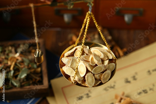 Chinese traditional herbal medicine in steelyard. Translation reads as chinese herbal therapy.