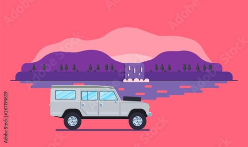 Outdoor car travel concept. Offroad suv landscape. Summer auto adventure trip backgrounds. Flat style. Vector illustration.