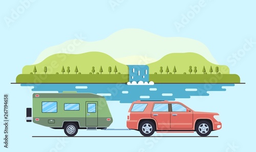Outdoor car camper travel concept. Offroad suv landscape. Summer auto adventure trip backgrounds. Flat style. Vector illustration.