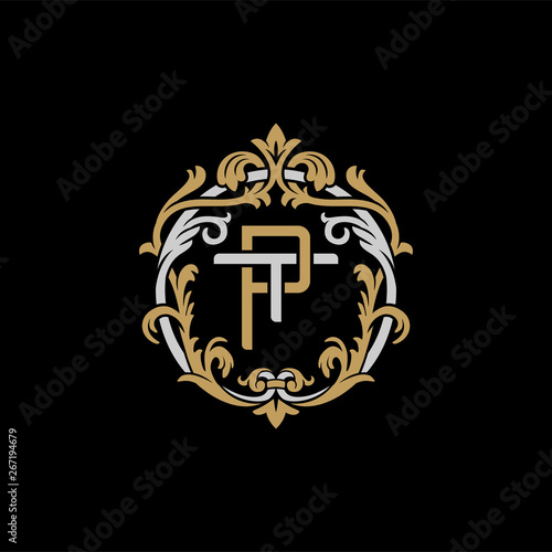 Initial letter T and P, TP, PT, decorative ornament emblem badge, overlapping monogram logo, elegant luxury silver gold color on black background