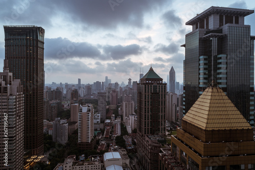 Aerial view of business area and cityscape in the dawn, West Nanjing Road, Jing` an district, Shanghai © Bob