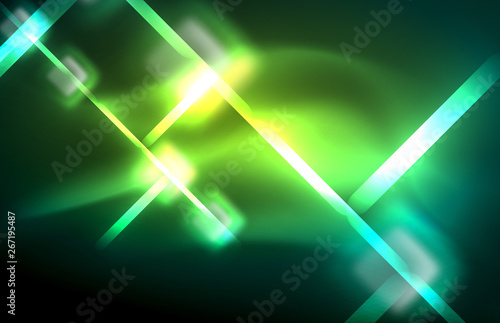 Neon square and line lights on dark background with blurred effects