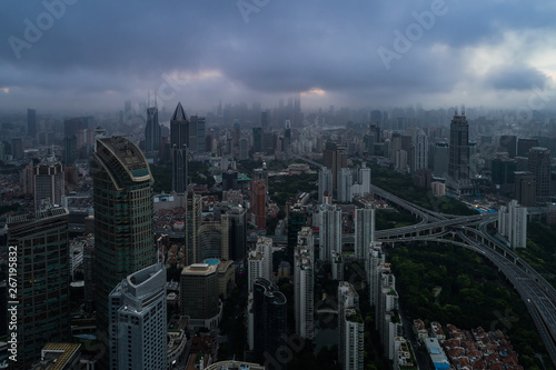 Aerial view of business area and cityscape in the dawn, West Nanjing Road, Jing` an district, Shanghai © Bob
