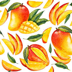 Papier peint photo Fruits aquarelle patrons Mangues aquarelle motif tropical exotique  © Katy's Dreams