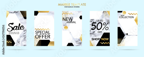 set of Instagram stories template pack with luxury trendy marble texture, can use for sale banner, photo, mobile app, website, landing page, flyer, fashion ads, promotion background. - Vector
