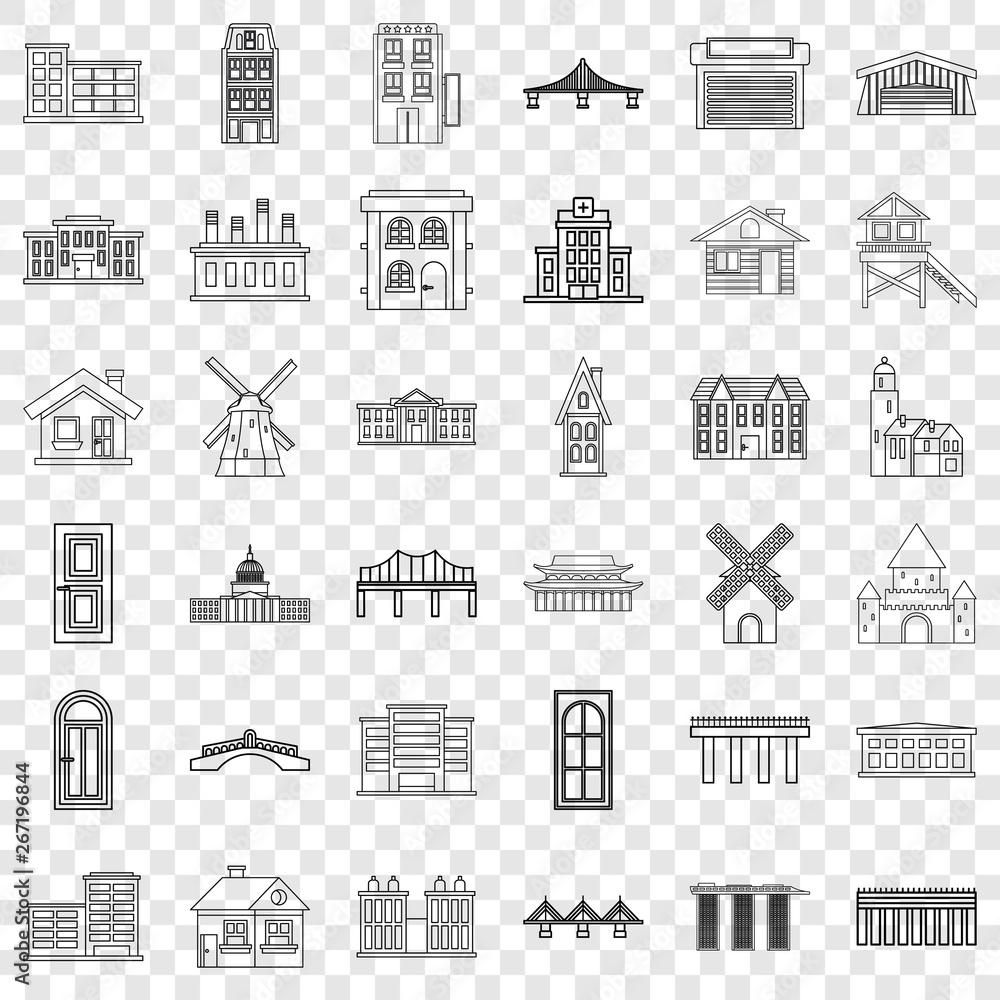 Building icons set. Outline style of 36 building vector icons for web for any design