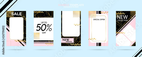 set of Instagram stories template pack with luxury trendy marble texture, can use for sale banner, photo, mobile app, website, landing page, flyer, fashion ads, promotion background. - Vector