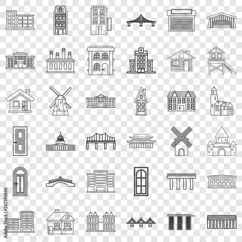 Building icons set. Outline style of 36 building vector icons for web for any design