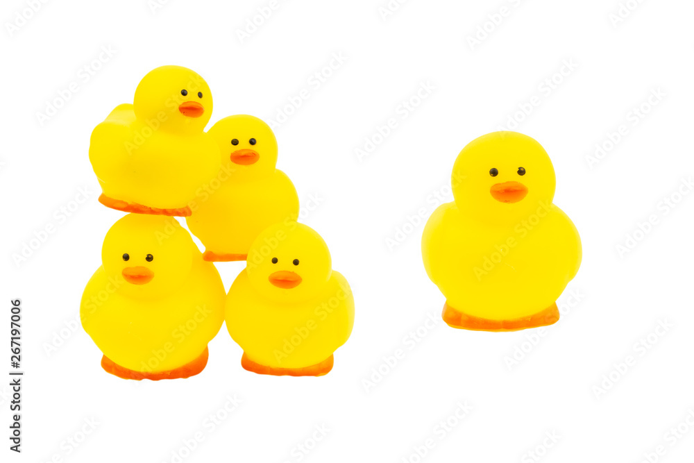 Yellow rubber duck on white background. Selective focus and copy space concept Yellow rubber duck on white background. Selective focus and copy space concept
