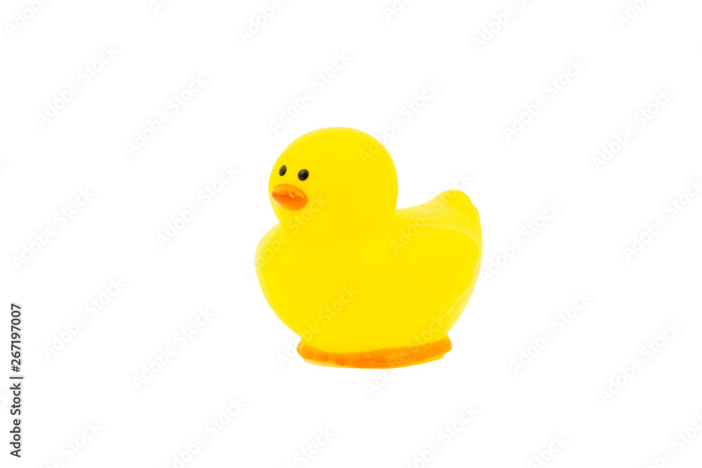 Yellow rubber duck on white background. Selective focus and copy space concept Yellow rubber duck on white background. Selective focus and copy space concept