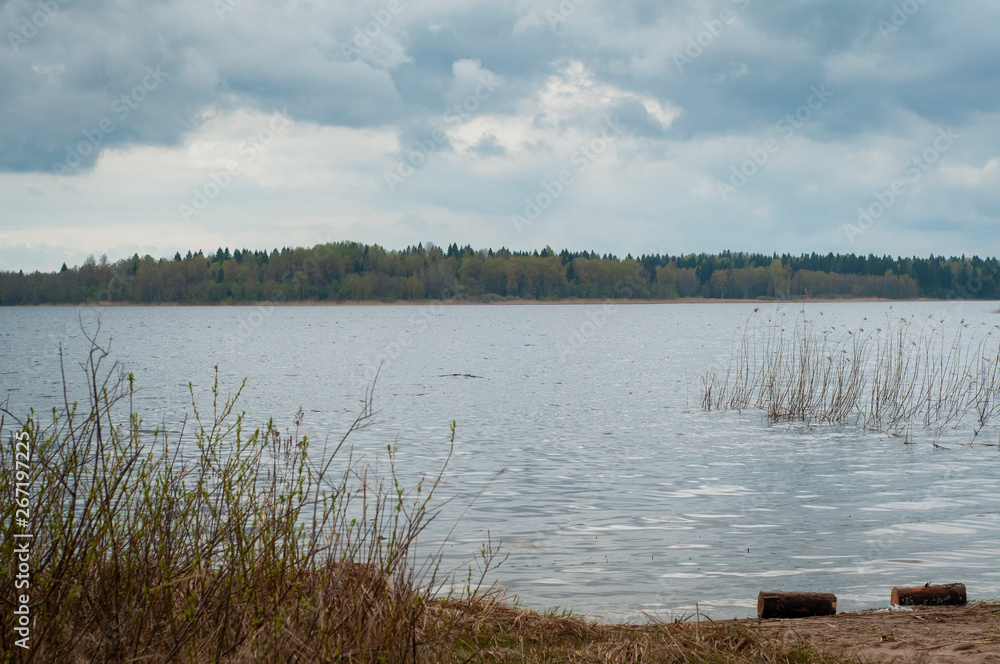 Glacial lake Seliger in spring. Spring landscape. Spring forest is not the shore of the lake. Dramatic sky with clouds.