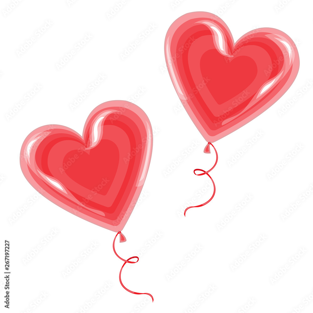 Sweet treat on a stick. Two red candies in the shape of a heart, bandaged with ribbon. Valentine s Day gift for Valentine s Day. Vector illustration
