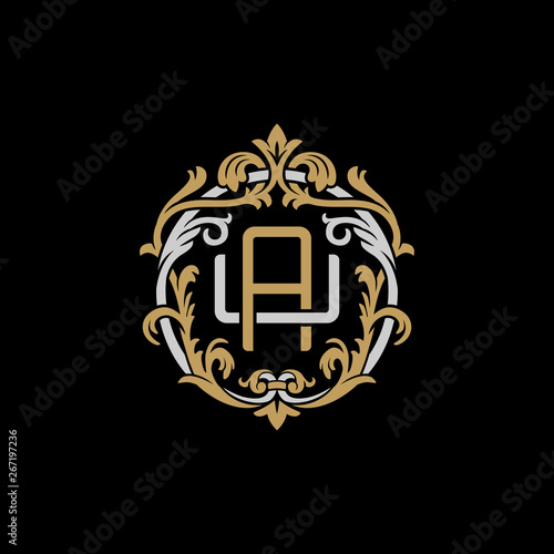 Initial letter U and A, UA, AU, decorative ornament emblem badge, overlapping monogram logo, elegant luxury silver gold color on black background