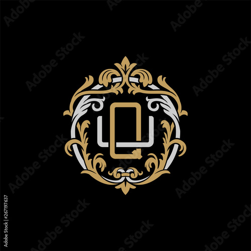 Initial letter U and Q, UQ, QU, decorative ornament emblem badge, overlapping monogram logo, elegant luxury silver gold color on black background