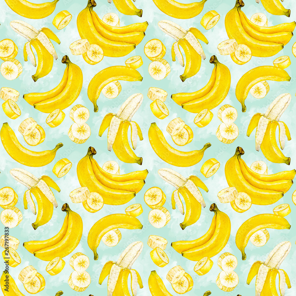 Banana. Banana slice. Bunch of bananas. Watercolor botanical illustration. Watercolor fruit. Pattern.