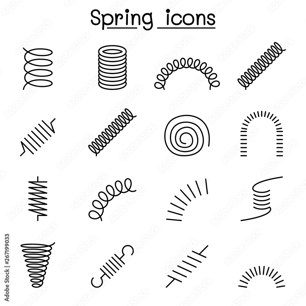 Spring, coil and absorber icon set in thin line style - obrazy, fototapety, plakaty 
