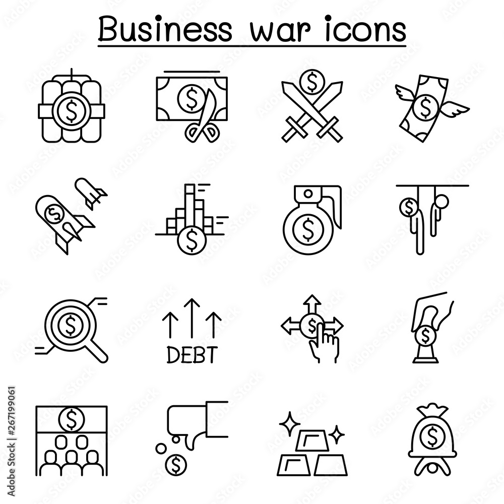 Fototapeta premium Business war, Trade war & business crisis icon set in thin line style
