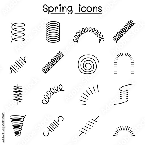 Spring, coil and absorber icon set in thin line style