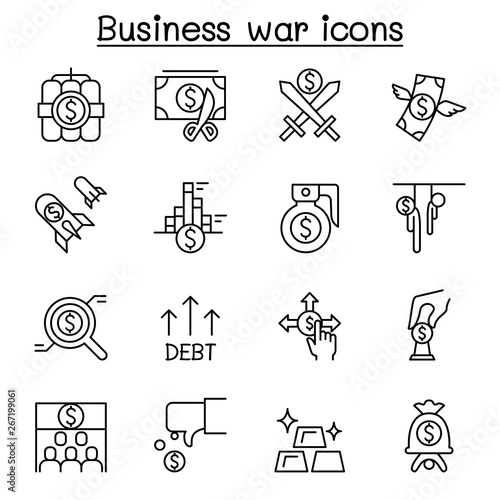 Business war, Trade war & business crisis icon set in thin line style