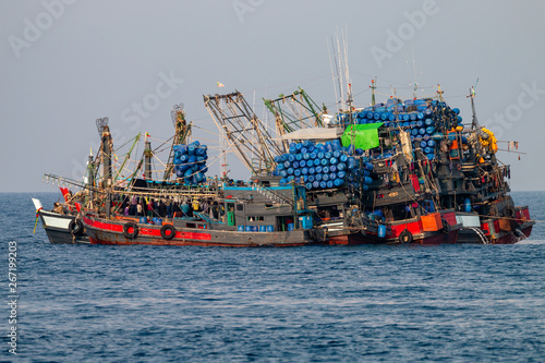 Industrial fishing - large industrial fishing trawlers operating together in the Andman Sea (Mergui Archipelago, Myanmar)
