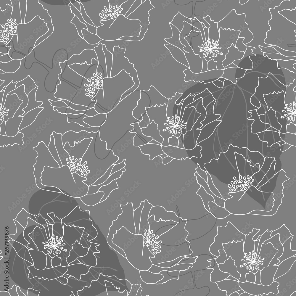 Fototapeta premium Big poppies flowers and tropical leaves. Floral vector seamless pattern with hand drawn botanical elements.