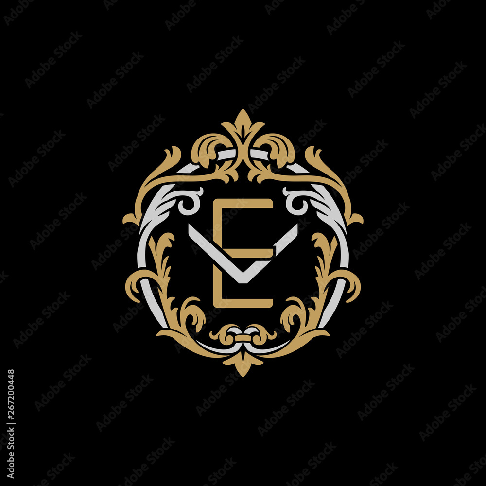 Initial letter V and E, VE, EV, decorative ornament emblem badge, overlapping monogram logo, elegant luxury silver gold color on black background Initial letter V and E, VE, EV, decorative ornament emblem badge, overlapping monogram logo, elegant luxury silver gold color on black background