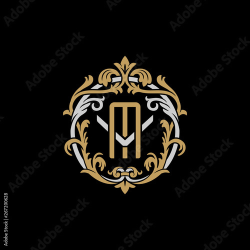 Initial letter V and M, VM, MV, decorative ornament emblem badge, overlapping monogram logo, elegant luxury silver gold color on black background