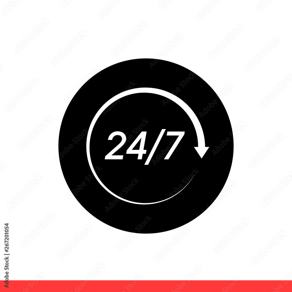 24 7 service vector icon, full day symbol. Simple, flat design isolated on white background for web or mobile app 24 7 service vector icon, full day symbol. Simple, flat design isolated on white background for web or mobile app
