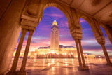 The Hassan II Mosque at sunset in Casablanca, Morocco. Hassan II Mosque is the largest mosque in Morocco and one of the most beautiful. the 13th largest in the world.