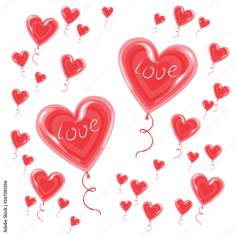 Air balloons in the form of a heart fly in the sky. A symbol of love and lovers. Valentine s Day. Vector illustration