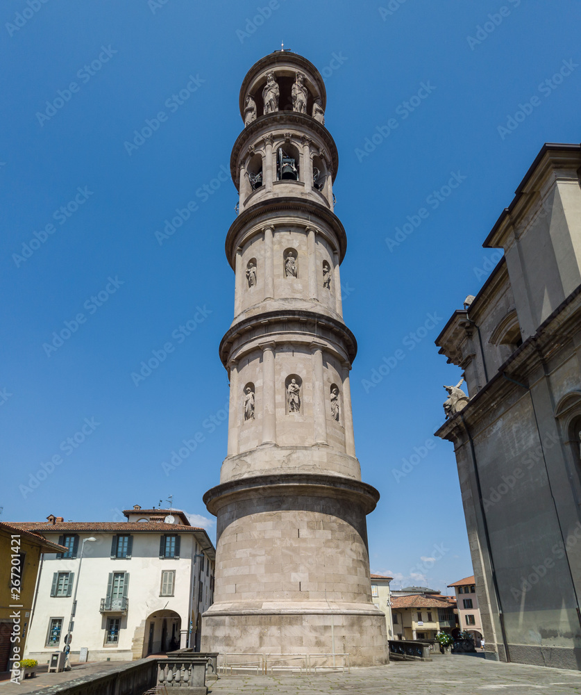 Urgnano, Bergamo, Italy. View of the bell tower of the main church in the center of the village