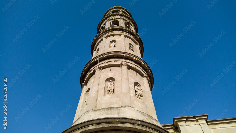 Urgnano, Bergamo, Italy. View of the bell tower of the main church in the center of the village