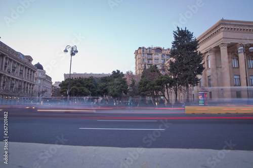 Panoramic view of Baku. Routes in Baku. Multi-level road junction with heavy car traffic. Located on Neftchilar Avenue photo