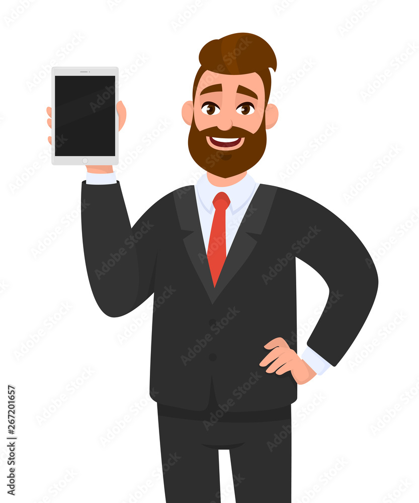 Happy bearded young business man showing/holding blank screen of a new tablet computer display and posing hand on hip. Modern technology, latest trends, digital gadget and device concept illustration. Happy bearded young business man showing/holding blank screen of a new tablet computer display and posing hand on hip. Modern technology, latest trends, digital gadget and device concept illustration.