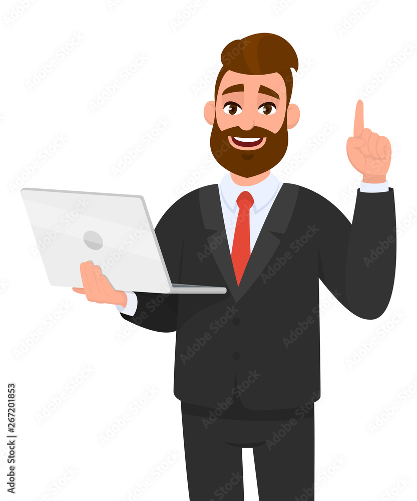 Young business man holding/showing latest brand new laptop computer device and pointing finger up or gesturing/showing number one with hand finger. Modern lifestyle, digital technology trend, gadget. Young business man holding/showing latest brand new laptop computer device and pointing finger up or gesturing/showing number one with hand finger. Modern lifestyle, digital technology trend, gadget.