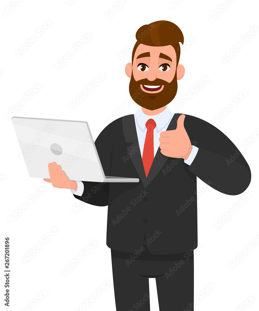 Happy young bearded business man holding/showing a latest new laptop and gesturing/making thumbs up sign with hand fingers. Like, good, positive, modern technology, digital device/gadget concept. Happy young bearded business man holding/showing a latest new laptop and gesturing/making thumbs up sign with hand fingers. Like, good, positive, modern technology, digital device/gadget concept.