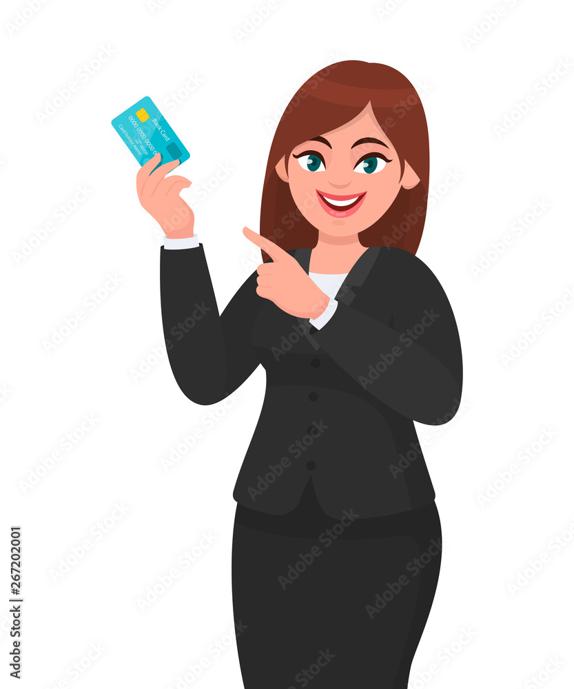 Professional young businesswoman showing/holding credit/debit/ATM banking card and pointing hand finger towards, presenting/introducing something. Modern lifestyle, digital technology payment concept. Professional young businesswoman showing/holding credit/debit/ATM banking card and pointing hand finger towards, presenting/introducing something. Modern lifestyle, digital technology payment concept.