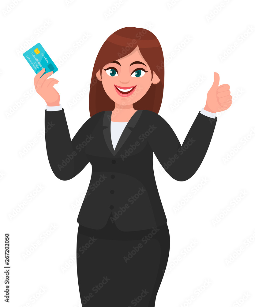 Happy, professional business woman showing/holding credit/debit/ATM banking card and gesturing/making thumbs up sign. Good, like, deal, agree, positive concept in cartoon. Modern lifestyle. Happy, professional business woman showing/holding credit/debit/ATM banking card and gesturing/making thumbs up sign. Good, like, deal, agree, positive concept in cartoon. Modern lifestyle.
