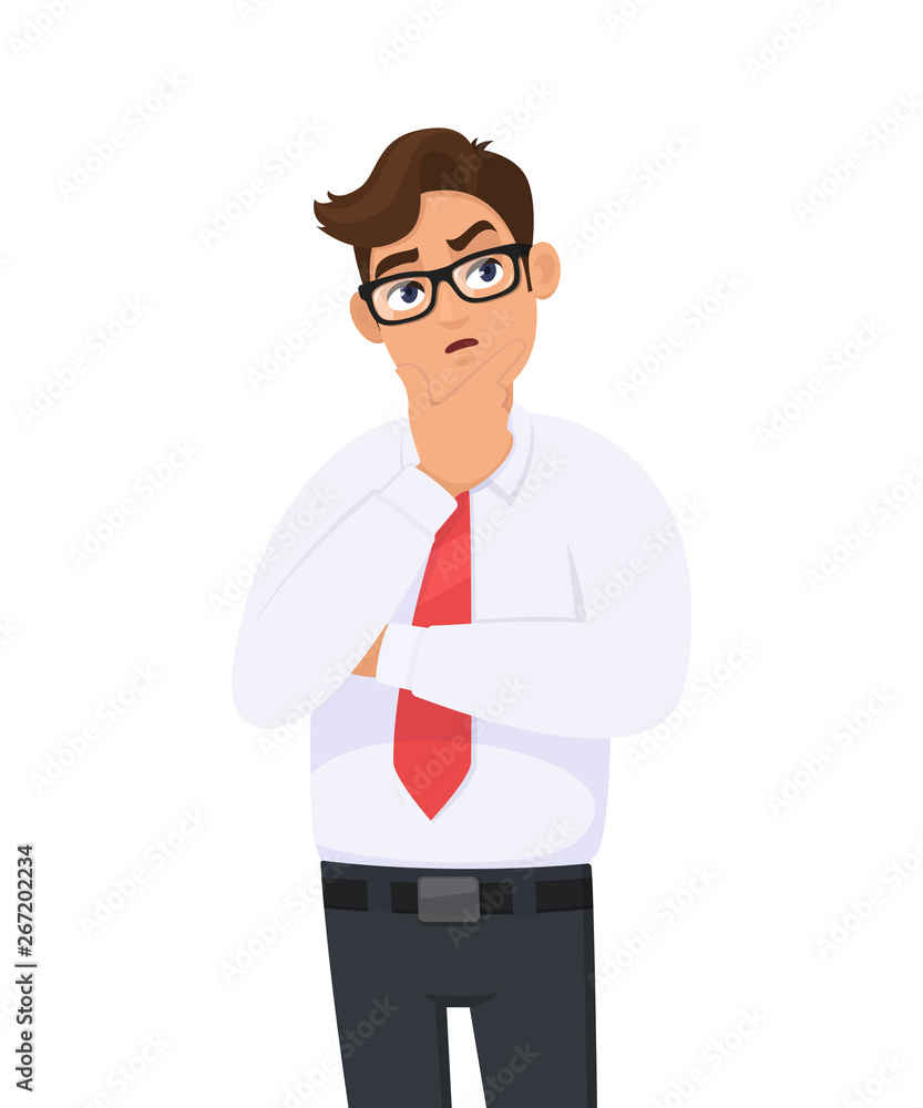 Thoughtful young business man is thinking with crossed arm, holding hand on chin and musing while looking up. Human emotion, facial expression, feeling concept illustration in vector cartoon style.