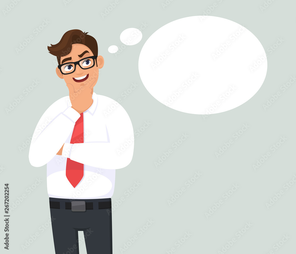 Smiling thoughtful young business man is thinking and looking up. Blank/empty thought bubble. Human emotion, facial expression, feeling concept illustration in vector cartoon style. Modern lifestyle. Smiling thoughtful young business man is thinking and looking up. Blank/empty thought bubble. Human emotion, facial expression, feeling concept illustration in vector cartoon style. Modern lifestyle.
