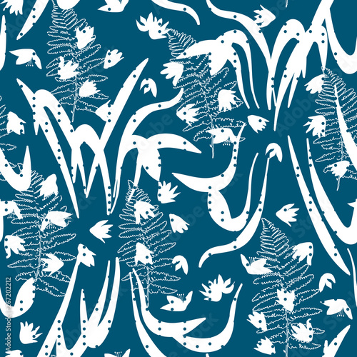 Vector floral seamless pattern with hand drawn scilla or snowdrop flowers and fern leaves. Modern decorative background in pastel colors.
